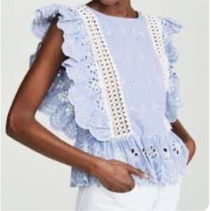 Jennifer & Grace Eyelet Romantic Ruffle  Blue Floral Lace Top  Size XL